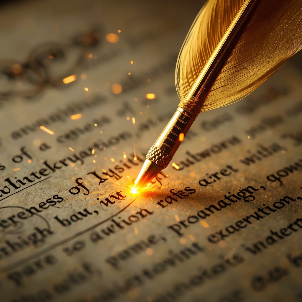 Generate from Nano Banana2: Close up of a glowing golden quill writing on ancient digital parchment, magical sparks flying, scholarly aesthetic, highly detailed, photorealistic, no woman